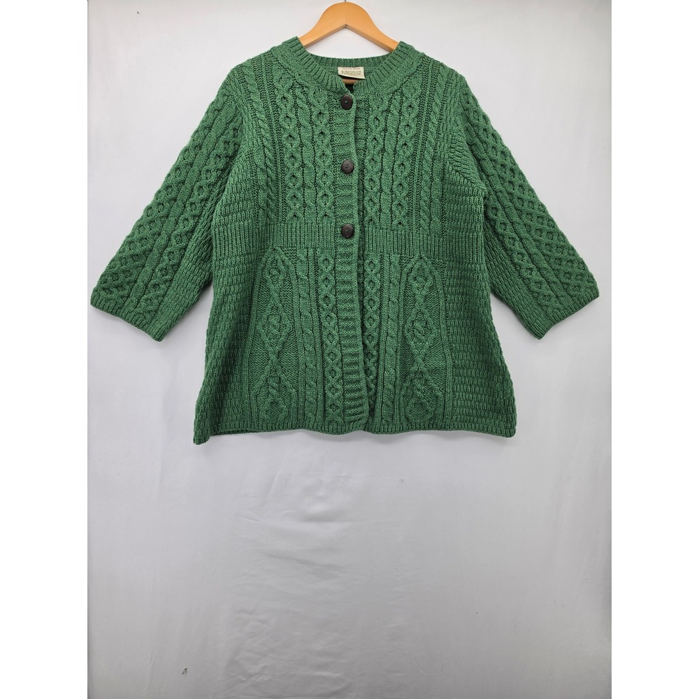 Kilronan Vintage Knitwear Ireland Merino Wool Aran Cable Knit Cardigan Green LG